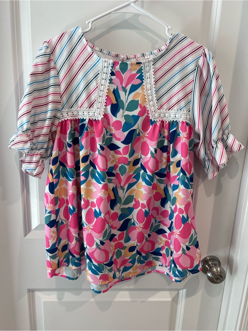 Striped and Floral Multicolored Blouse with Crochet Trim Size Small